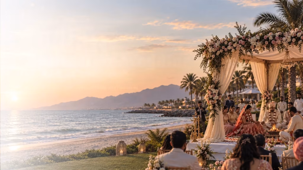 Indian destination wedding in Ras Al Khaimah with a beachfront mandap at sunset