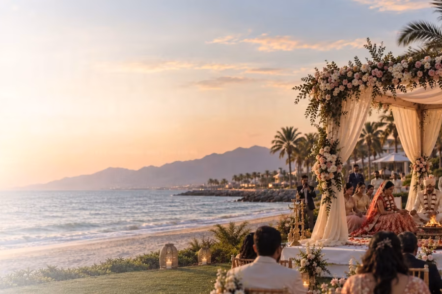 Indian destination wedding in Ras Al Khaimah with a beachfront mandap at sunset